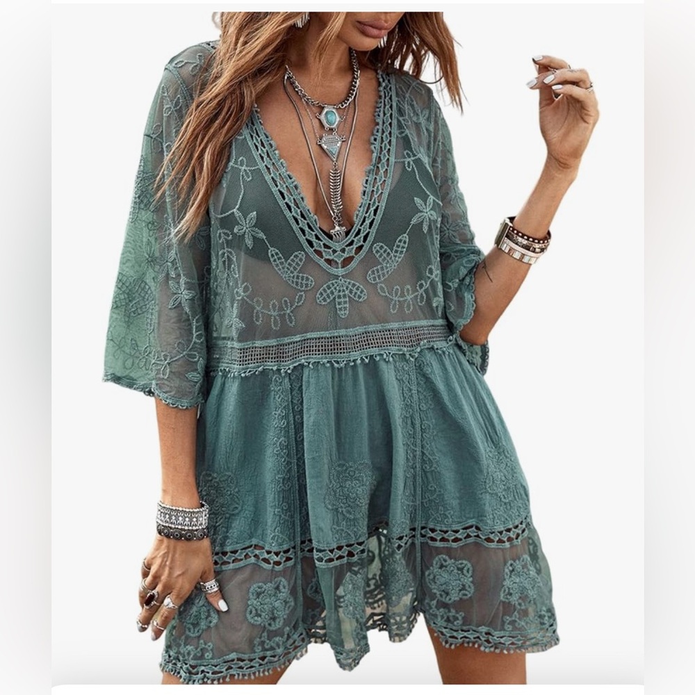 Boho Lace V-Neck Tunic Dress in Teal